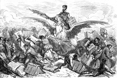 O escritor Cervantes monta num cavalo alado (Pegase), com o seu livro "Dom Quixote" e uma pena na mão, sobrevoando outros escritores que transportam (pesadamente!) os seus livros. Gravura de Gustave Dore ilustrando a edição Hachette de 1869 do livro "L