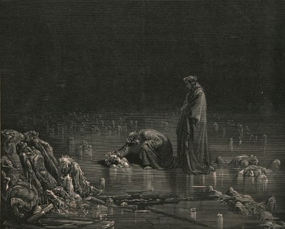 Então, agarrando seu couro cabeludo impedido, gritei: Dê um nome a você, ou não um cabelo deve ficar aqui, c1890. de Gustave Dore