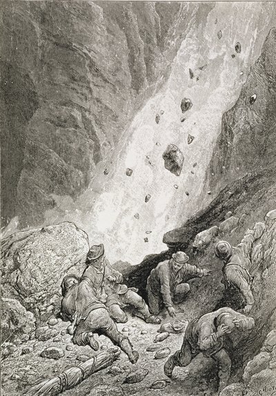"Eles viram missas de pedras, pedregulhos e pedras, dardo na esquina", de "A ascensão do Matterhorn", de Edward Whymper (1840-1911), publicado em 1860-80 de Gustave Dore