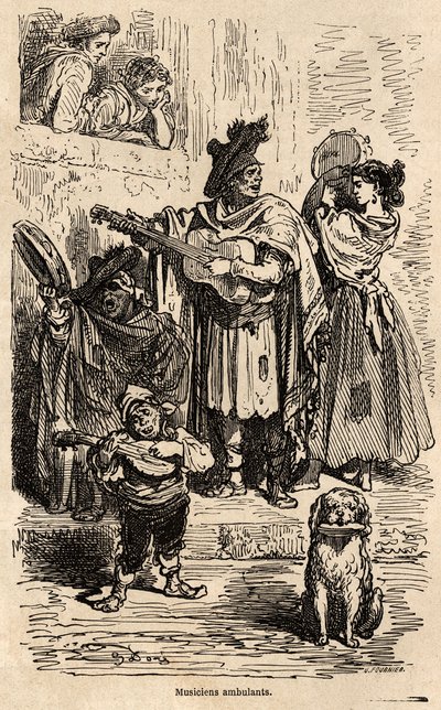 Músicos viajantes em Valência, desenho de Gustave Dore (1832-1883), para ilustrar sua viagem à Espanha com C.Davillier, em 1862. Gravura em "Le tour du monde", editado por Edouard Charton de Gustave Dore