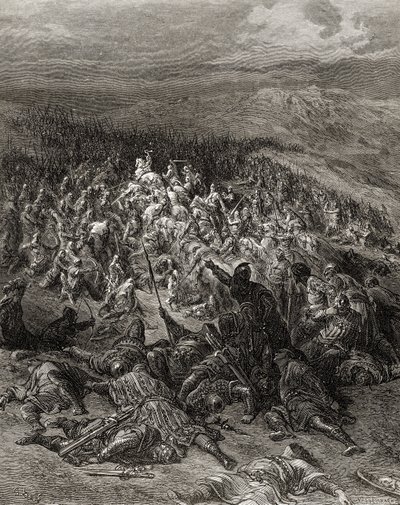 Dois cem cavaleiros atacam vinte mil sarracenos, ilustração de &39;Bibliotheque des Croisades&39; por JF. Michaud, 1877 de Gustave Dore