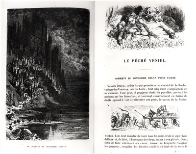 Duas páginas ilustradas de "Les Contes Drolatiques" por Honore de Balzac (1799-1850) gravada por Heliodore Joseph Pisan (1822-90) de Gustave Dore