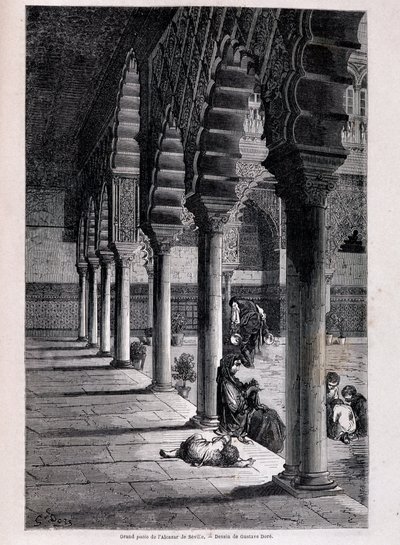 Vista do grande pátio do Alcazar em Sevilha - por Doré, em "Tour du Monde", 2º semestre. 1866. de Gustave Dore