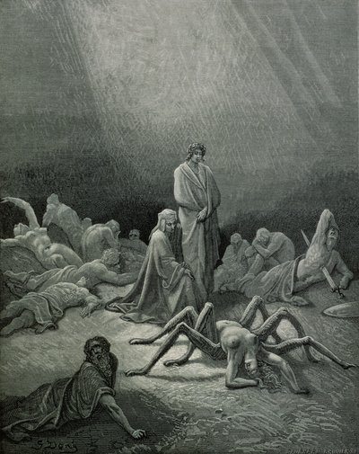 Virgílio (70-19 aC) e Dante olhando para a mulher-aranha, ilustração da "Divina Comédia" (Inferno) de Dante Alighieri (1265-1321) Paris, publicada em 1885 de Gustave Dore