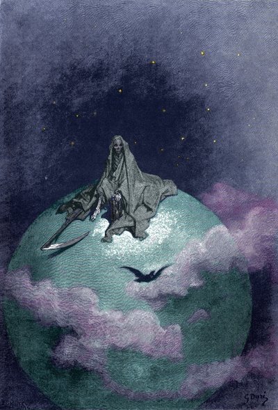 Visão da Morte sentada sobre o globo com a sua falsificação. Ilustração de Gustave Dore de Gustave Dore