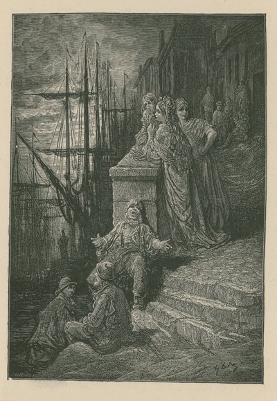 Família do Waterman em um lance de escadas pelo rio Tamisa de Gustave Dore