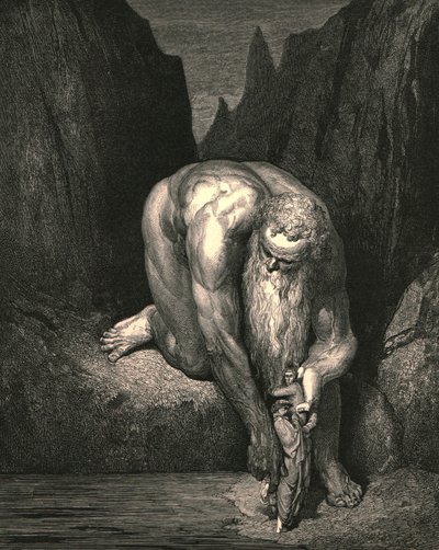 No entanto, no abismo, que Lúcifer com Judas baixos ingênuos, ele nos colocou levemente, c1890. de Gustave Dore