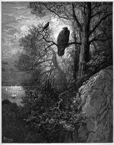 l "aigle et la pie - a águia e a pega - de" Fables "de Jean de La Fontaine de Gustave Dore