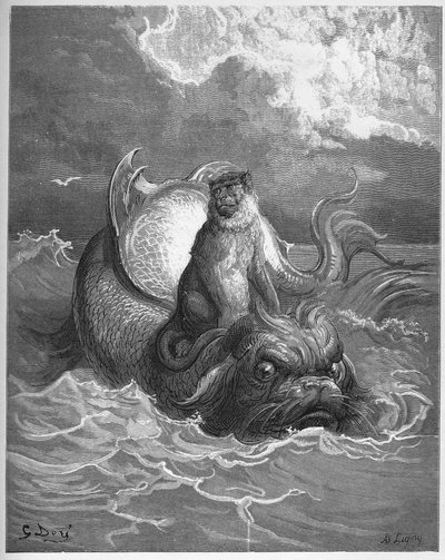 macacos e golfinhos - de "Fables" de Jean de La Fontaine de Gustave Dore