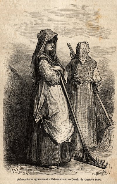 os respigadores de Estremadure, com seus grandes ancinhos de madeira para recolher a parte da colheita que foi esquecida nos campos após a colheita. Gravura para ilustrar a viagem a Espanha de Gustave Dore (1832-1883) ilustrador e Barão Ch. Davillier reage de Gustave Dore