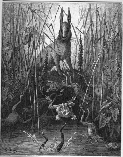 a lebre e o sapo - The Hares and the Frogs - de "Fables" de Jean de La Fontaine de Gustave Dore