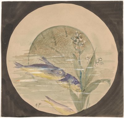 Desenho para uma placa mostrando três peixes azuis e amarelos, nadando para baixo, perto de uma planta aquática de Gustave Fraipont (signed by artist)