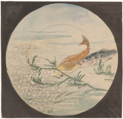 Desenho para um sinal com um peixe amarelo e um azul a nadar para baixo de Gustave Fraipont (signed by artist)