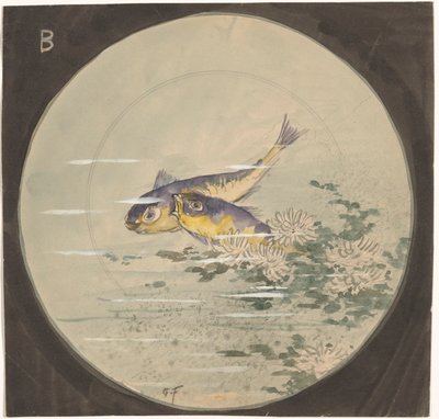 Desenho para um sinal com dois peixes azuis e amarelos perto de lírios de água de Gustave Fraipont (signed by artist)