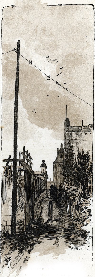 Beco entre a avenida de Versailles e a margem do Sena, Auteuil, paris (Beco entre a avenida de Versailles e o rio Sena, distrito de Auteuil, Paris) Desenho de Gustave Frainpont (1849-1923) desenhos de Saint-Juirs de Gustave Fraipont