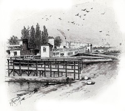 Atelier de repparation des bateau omnibus (Bateau-bus) à Paris (Autocarros aquáticos (barcos de transporte marítimo) oficinas de reparação no rio Sena em Paris) Desenho de Gustave Fraipont (1849-1923) tira de "La seine a travers Paris" de Saint-Juirs de Gustave Fraipont