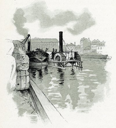 Atracação de barcos no porto de La Villette, Paris (Barcos no porto de La Villette, Paris) Desenho de Gustave Fraipont (1849-1923) Desenho de "La seine a travers Paris" de Saint-Juirs de Gustave Fraipont