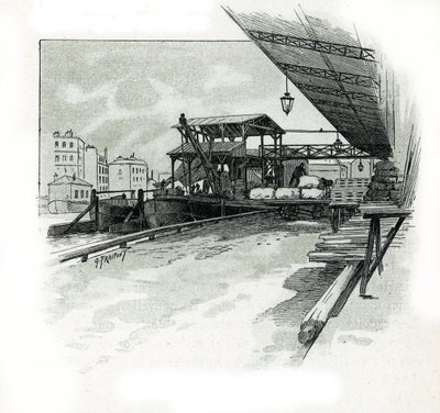 Docas do porto de La villette, Paris Desenho de Gustave Fraipont (1849-1923) desenha a partir de "La seine a travers Paris" de Saint-Juirs de Gustave Fraipont