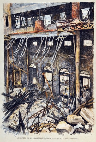 Incêndio da Ópera Comique (Opera-Comique) em Paris, em 25 de Maio de 1887, durante a interpretação do primeiro acto de "Mignon" de Ambroise Thomas. As ruínas interiores. Ilustração de Gustave Fraipont (1849 -1923) Gravação de 1887 em "Paris-Illustrous jour de Gustave Fraipont