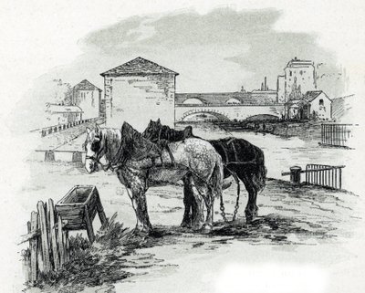 Horses de haulage, quai de la Gironde, Villette (Cavalos utilizados para rebocar os barcos do canal saint-denis, quai de la gironde, Villette Paris) Desenho de Gustave Fraipont (1849-1923) de Saint-Juirs de Gustave Fraipont