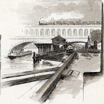 Le viaduct du point du Jour, Boulogne-Billancourt (Vista da ponte do viaduto do distrito de Point du jour, Boulogne Billancourt) Desenho de Gustave Fraipont (1849-1923) a partir de Saint-Juirs de Gustave Fraipont