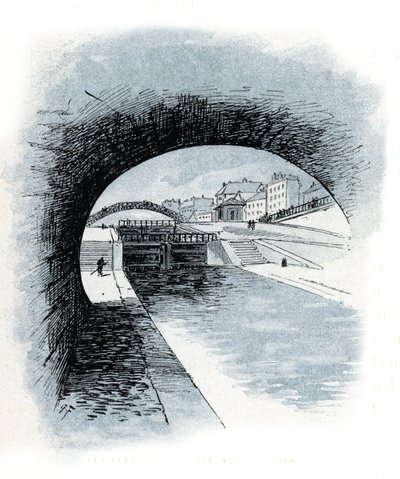 Les ecluses du canal saint Martin, paris (Vista das eclusas do canal Saint-Martin, Paris) Desenho de Gustave Fraipont (1849-1923) Desenho de "La seine a travers Paris" de Saint-Juirs de Gustave Fraipont