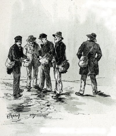 Les marchands de bout de charuto dans quartier Maubert, Paris (comerciantes de rua de pontas de cigarro e cigarros, distrito de Maubert, Paris) Desenho de Gustave Fraipont (1849-1923) tira de "La seine a travers Paris" de Saint-Juirs de Gustave Fraipont