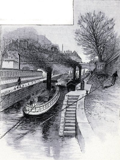 Rebocadores da eclusa do rio Sena em frente ao Hotel des Monnaie, Paris Desenho de Gustave Fraipont (1849-1923) de Saint-Juirs de Gustave Fraipont