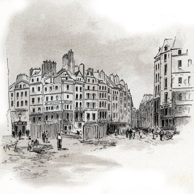 Vista da Praça Maubert, Paris Desenho de Gustave Fraipont (1849-1923) desenha de "La seine a travers Paris" de Saint-Juirs de Gustave Fraipont