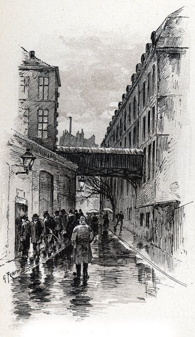 Vista de um flophouse (casa doss ou dosshouse) na rue de la Bucherie no distrito de Maubert, Paris Desenho de Gustave Fraipont (1849-1923) de Saint-Juirs de Gustave Fraipont