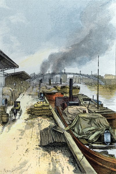 Vista do Canal de la Villette em Paris Desenho de Gustave Fraipont (1849-1923) de Saint-Juirs de Gustave Fraipont