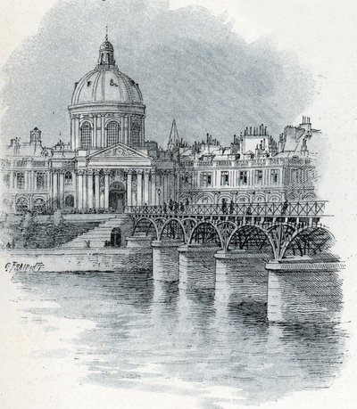 Vista do Institut de France e da ponte Pont des arts em Paris Desenho de Gustave Fraipont (1849-1923) parte de "La seine a travers Paris" de Saint-Juirs de Gustave Fraipont