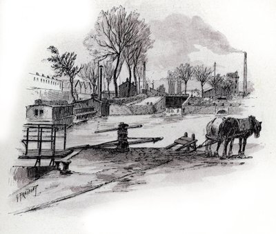 Vista do canal Saint-Denis e quai de la Gironde a la Villette, Paris (Vista do canal Saint Denis e quai de la Gironde no distrito de Villette, paris) Desenho de Gustave Fraipont (1849-1923) a partir de Saint-Juirs de Gustave Fraipont