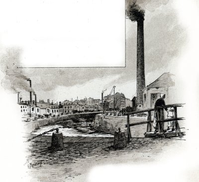 Vista do leito seco do canal Saint-Martin durante o período de limpeza Desenho de Gustave Fraipont (1849-1923) desenha de "La seine a travers Paris" de Saint-Juirs de Gustave Fraipont