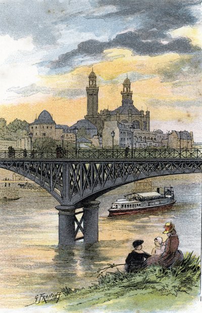 Vista da ponte pedonal de Passy (agora ponte de Bir Hakeim) em Paris Desenho de Gustave Fraipont (1849-1923) a partir de Saint-Juirs de Gustave Fraipont