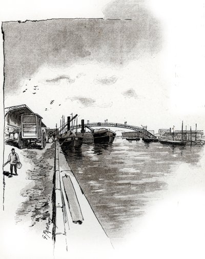Vista da ponte pedonal do Canal de la Villette, Paris (Passarela do Canal de la Villette, Paris) Desenho de Gustave Fraipont (1849-1923) desenha de "La seine a travers Paris" de Saint-Juirs de Gustave Fraipont