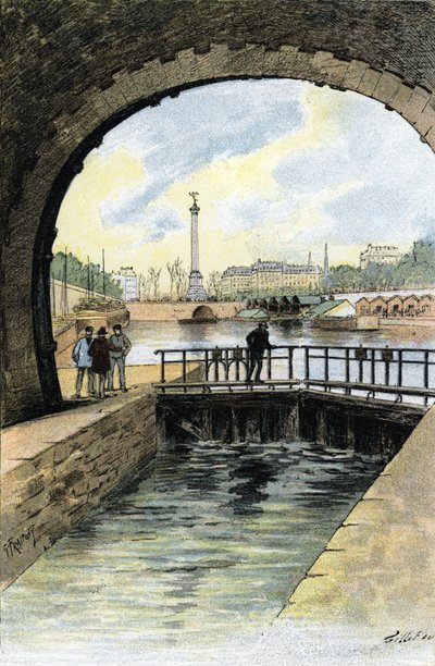 Vista da eclusa do Canal Saint Martin em Paris Desenho de Gustave Fraipont (1849-1923) de "La seine a travessa Paris" de Saint-Juirs de Gustave Fraipont