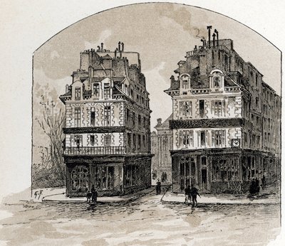 Vista das casas antigas de Pont-Neuf em Paris (Casas antigas na ponte Pont Neuf, Paris) Desenho de Gustave Fraipont (1849-1923) a partir de Saint-Juirs de Gustave Fraipont