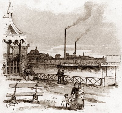Vista do quai de Javel em Paris, actuel quai André-Citroen (Vista do quai Andre Citroen antigamente quai de Javel, Paris) Desenho de Gustave Fraipont (1849-1923) desenha de "La seine a travers Paris" de Saint-Juirs de Gustave Fraipont