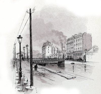Vista da ponte giratória do quai de Valmy no canal Saint Martin, Paris Desenho de Gustave Fraipont (1849-1923) de Saint-Juirs de Gustave Fraipont