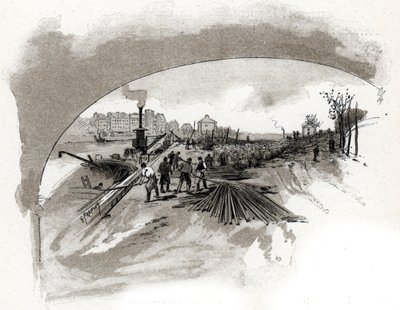 dechargement du fer sur le quai saint Bernard a Paris (Bolsas de ferro descarregadas pelos estivadores nas margens do rio Sena no quai Saint-Bernard em paris) Desenho de Gustave Fraipont (1849-1923) desenha de "La seine a travers Paris" de Saint-Juirs de Gustave Fraipont