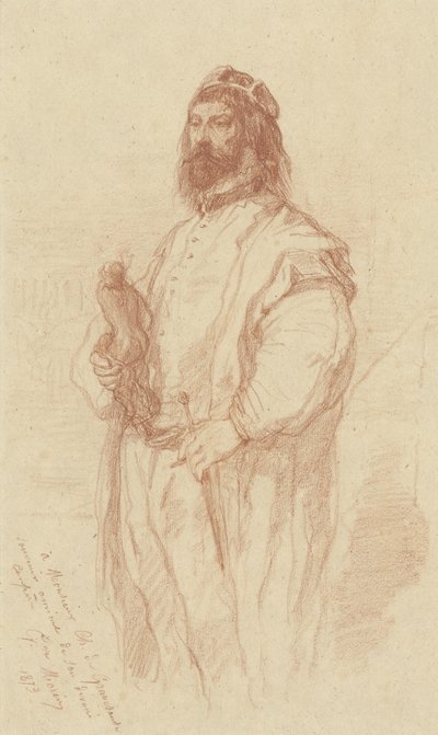 Homem de pé com estátua de Gustave François Morin
