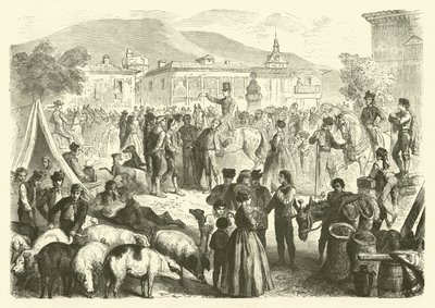 Feira anual da cidade de Alcalá, Espanha (gravura) de Gustave Janet