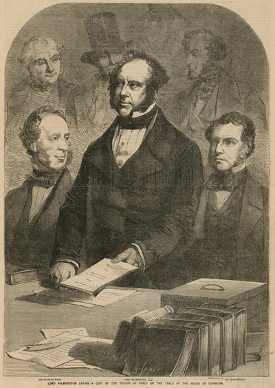 Lord Palmerston colocando uma cópia do Tratado de Paz sobre a mesa da Câmara dos Comuns de Gustave Janet