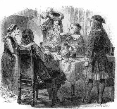 O czar russo Pedro o Grande (1672-1725), heberge na França com a família Kalf, observa a discussão entre o seu anfitrião e um bêbado, o Marquês de Bernardini. Gravura de Gustave Janet de Gustave Janet