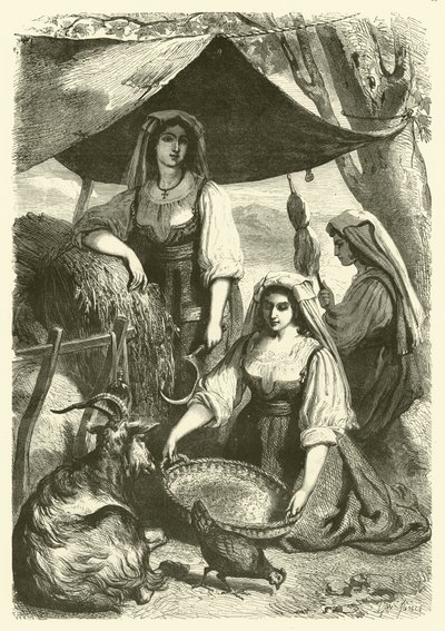 Mulheres vendendo feno a carroceiros na beira da estrada, Itália (gravura) de Gustave Janet