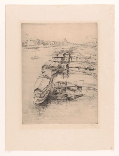 Barcos ancorados em Auteuil, Paris Les bateaux Parisiens, Auteuil de Gustave Leheutre (signed by artist)