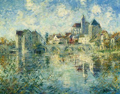 Moret-sur-Loing, a ponte e a igreja; Moret-sur-Loing, a ponte e a igreja, c.1935 de Gustave Loiseau