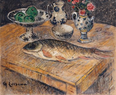 Ainda vida com peixes, flores e maçãs; Ainda vida com peixes, flores e maçãs, de Gustave Loiseau