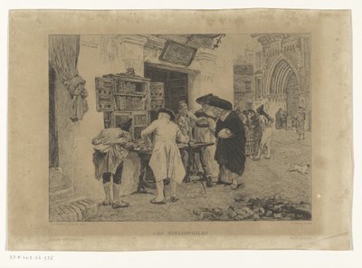 Homens reunidos em torno da exposição de um livreiro Les Bibliophiles (título no objeto) de Gustave Marie Greux